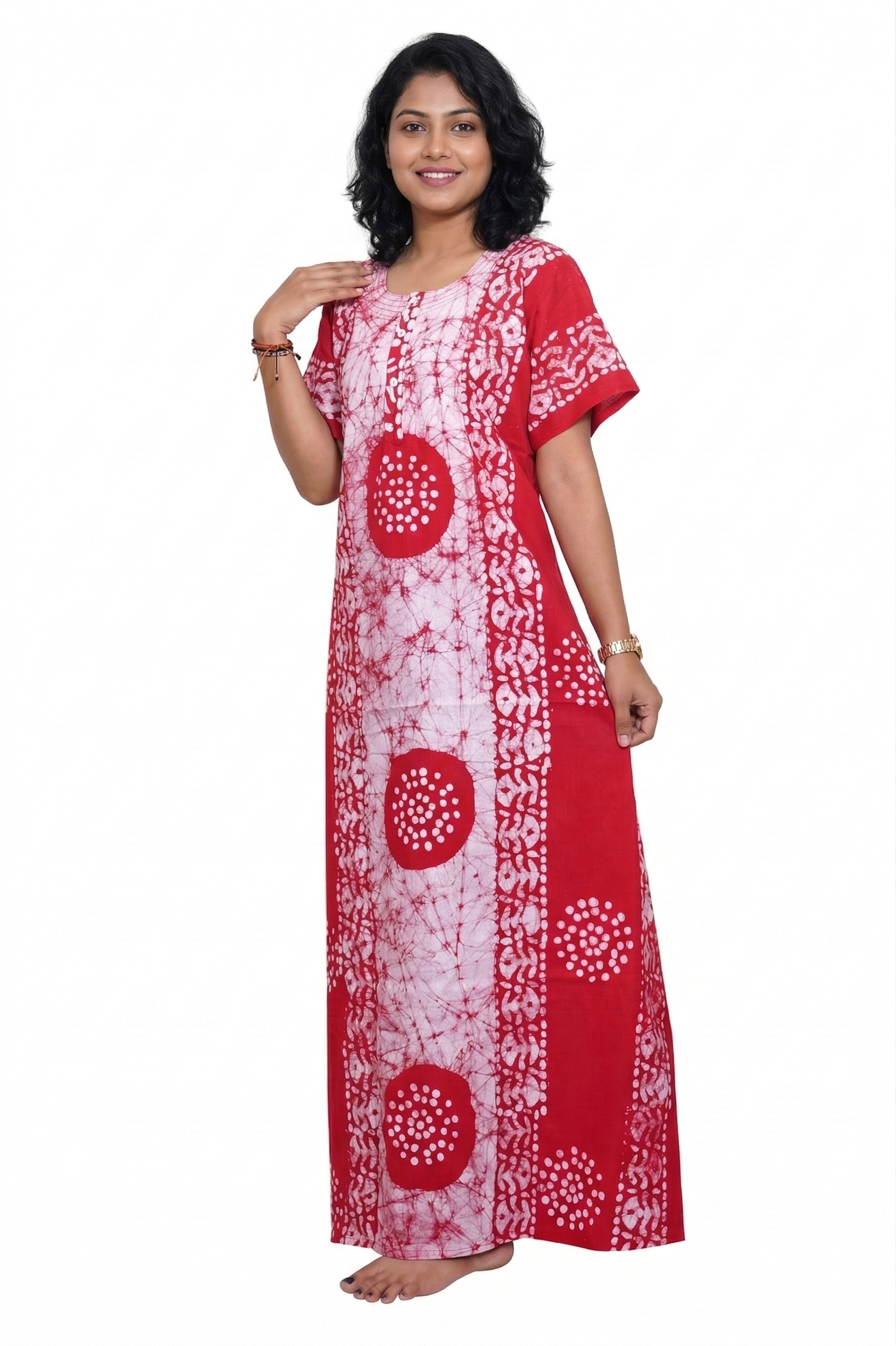 Red Gola Batik Nighty Maxi Handmade from Bhuj Kutch Gujarat - AHVAN