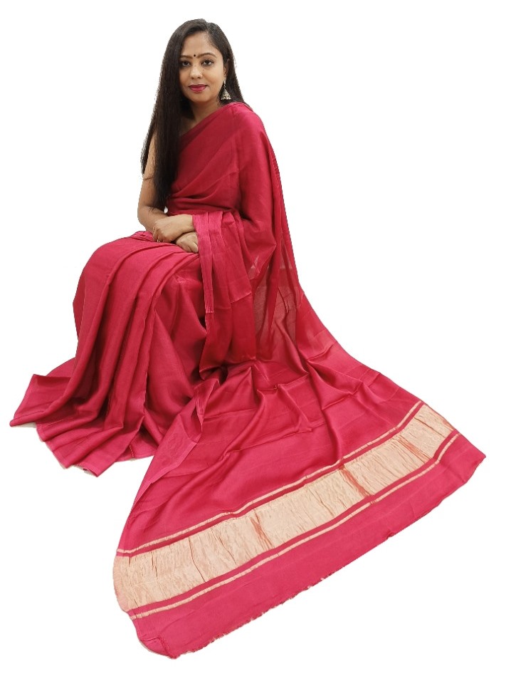 Plain Red Modal Silk Saree - AHVAN Handicrafts