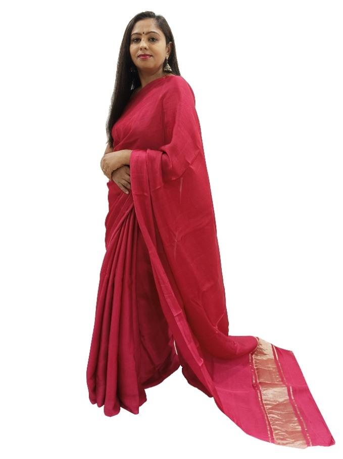 Plain Red Modal Silk Saree - AHVAN Handicrafts