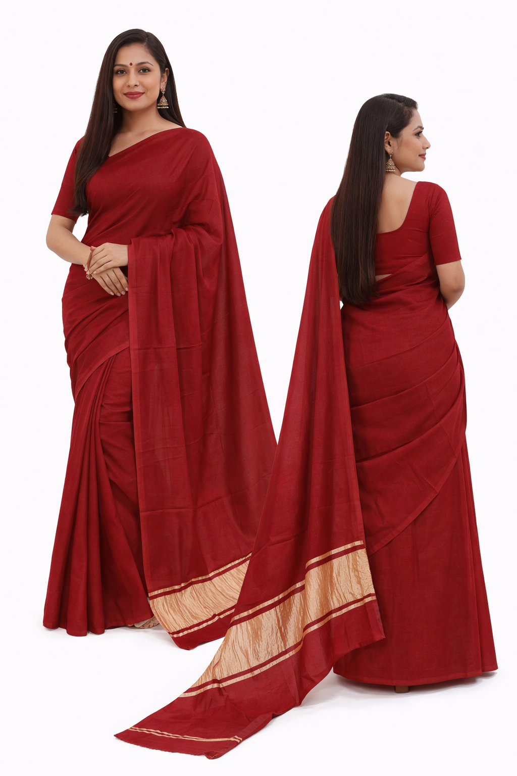 Plain Maroon Modal Silk Saree Handmade from Bhuj Kutch Gujarat - AHVAN