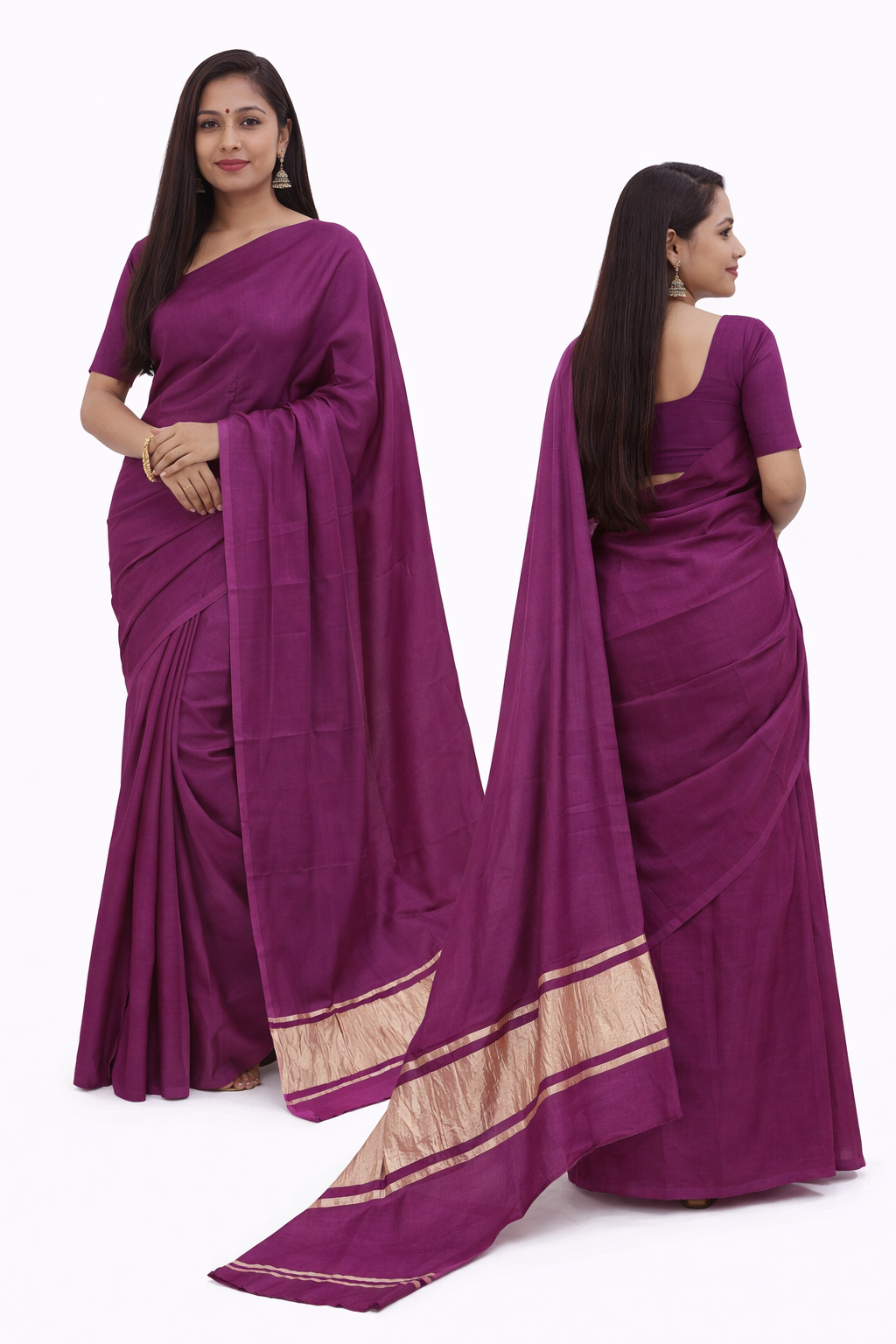 Plain Purple Modal Silk Saree Handmade from Bhuj Kutch Gujarat - AHVAN