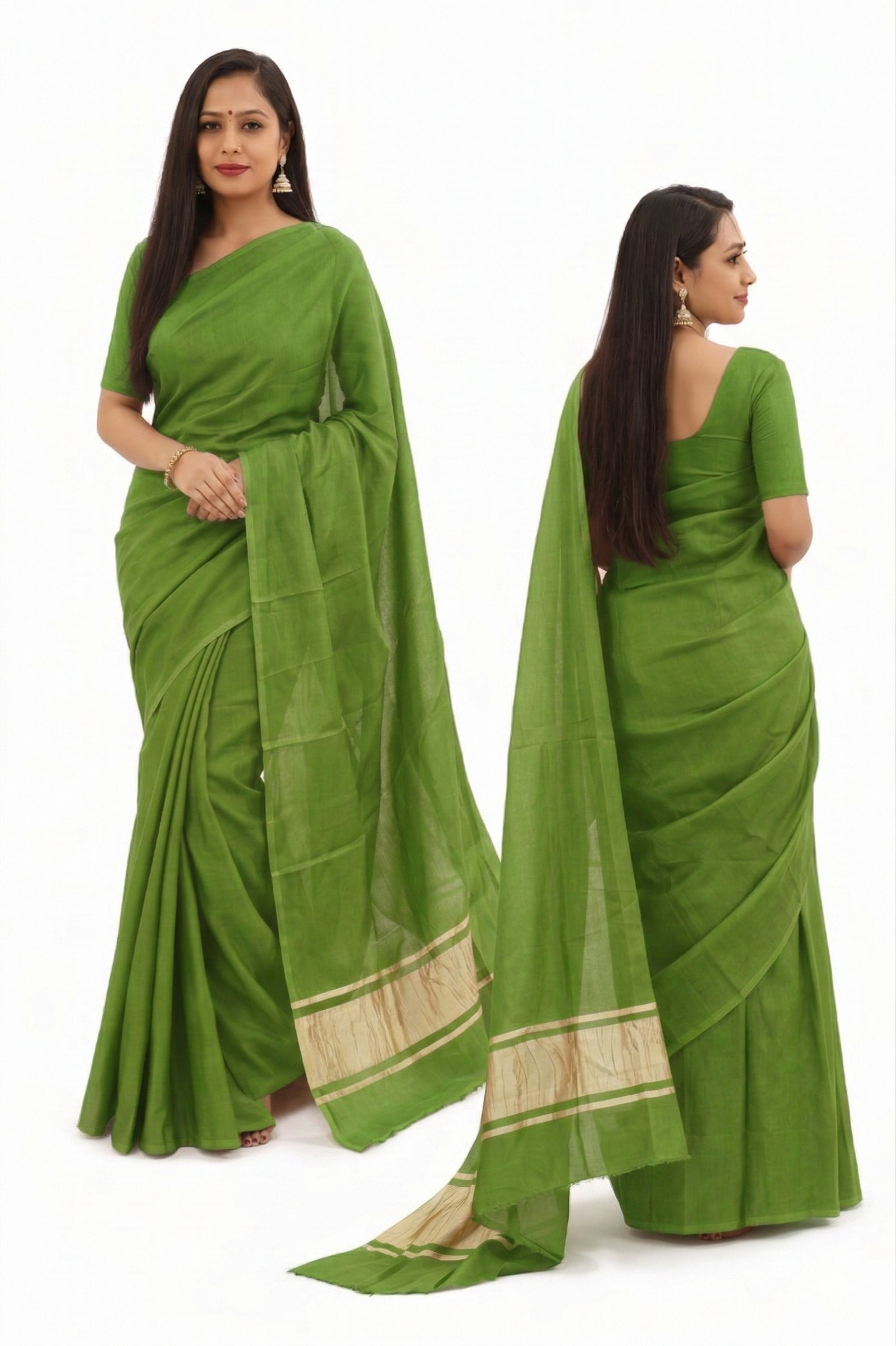 Plain Parrot Green Modal Silk Saree Handmade from Bhuj Kutch Gujarat - AHVAN
